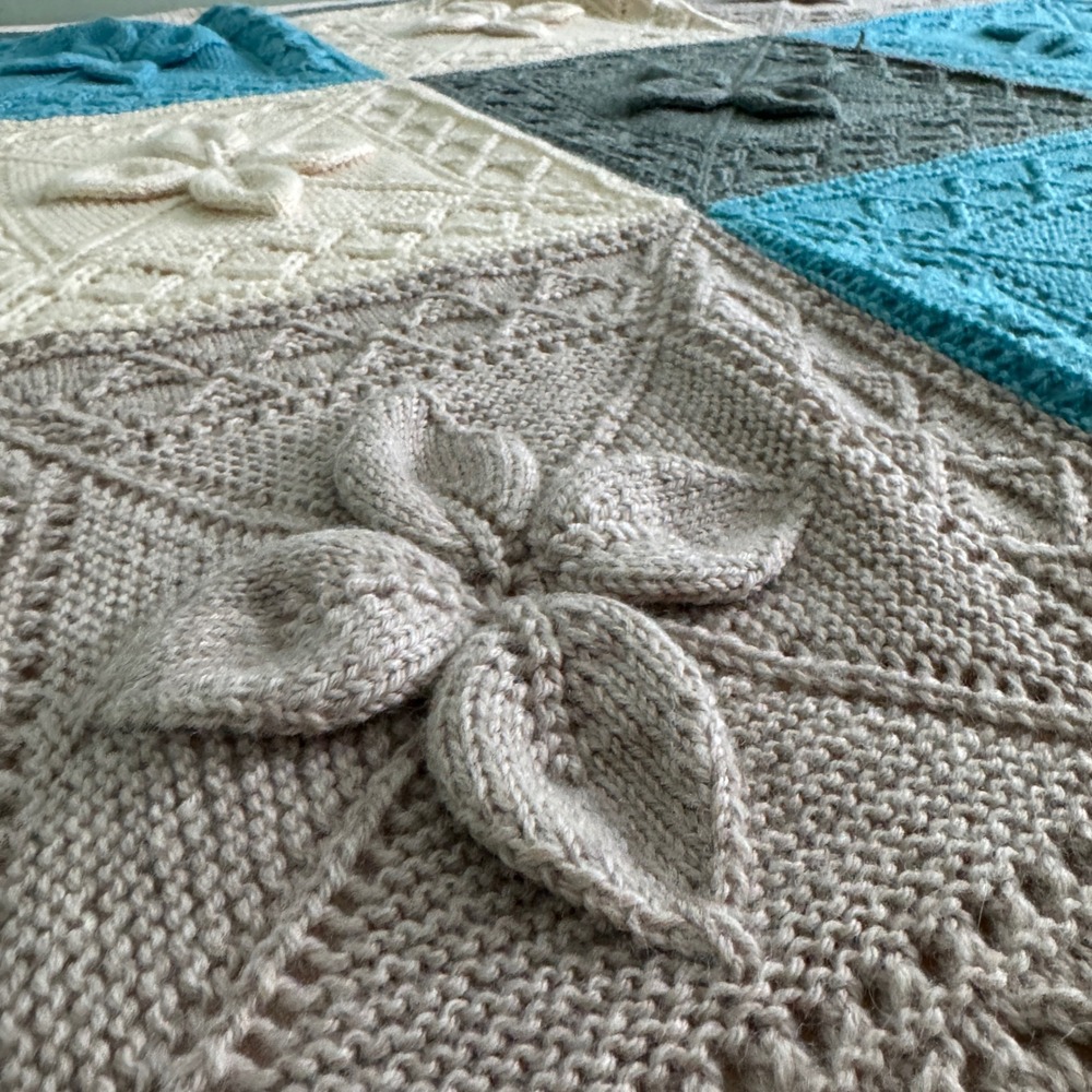 Handmade Knit Throw Blanket 66x66 Blue Grey Cream 3D Floral Granny Square SOFT! - Picture 9 of 13